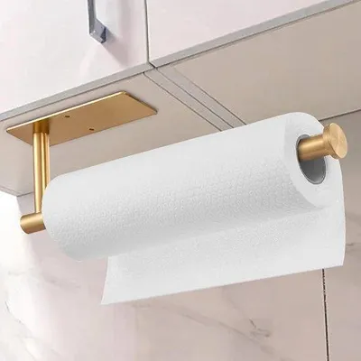 Zdjęcie produktu dla Unyqoos® Elegancki, złoty uchwyt na rolki kuchenne ze stali nierdzewnej, samoprzylepny, przeznaczony do standardowych rolek o średnicy 25–30 cm, idealny do kuchni i łazienki