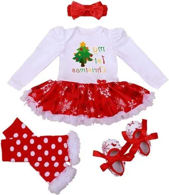 Immagine prodotto di Completo natalizio per bambina, composto da vestito con tutù, fascia per capelli, scaldamuscoli e scarpe