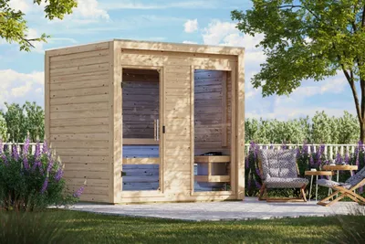 Image de Karibu Saunahaus : Sauna extérieure, sauna de jardin, modèle Hycore 2, non traité, sans accessoires, en bois massif de 38 mm, dimensions : 231 x 201 x 232 cm