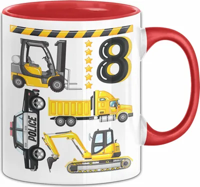 Produktbild von 8. Geburtstag Geschenk Tasse Becher Jungen Jungs Baustelle Polizei Geburtstagsgeschenk 8 (Rot)