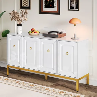 Image de OKWISH Buffet Laqué Blanc Haute Brillance - 4 Portes Avec Poignées Dorées Et Pieds Métal Doré - 140x40x80 cm