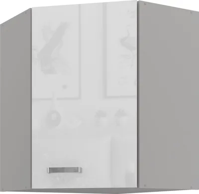 A corner wall cabinet with a white high-gloss front and gray sides, shown against a white background.