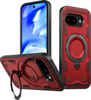 Produktbild von Dual Layer Hülle für Google Pixel 10A Metall Ring Ständer Magnetisch Stoßfest Militär Handyhülle Rot