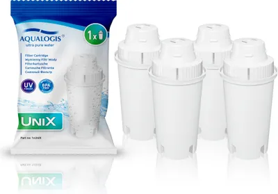 A package of Aqualogis UniX water filter cartridges and four individual filter cartridges are displayed against a white background.