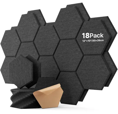 Productafbeelding van Akoestisch paneel - Hexagon - 30 x 26 x 0,9 cm - 18 stuks - Zwart - Zelfklevend geluidsisolatie
