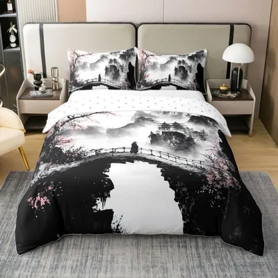 Zdjęcie produktu dla Komplet pościeli 155x220 cm, bawełna, motyw kwiatów wiśni, styl japoński