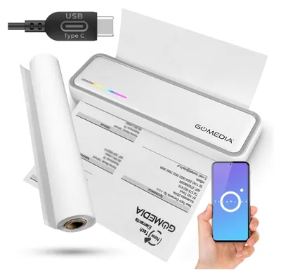 A portable printer, paper roll, USB-C cable, and a smartphone are displayed on a white background.