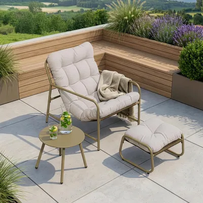 Produktbild von Gartenmöbel-Set 'Trerdfjoa' 3-tlg. mit Gartenstuhl Gartentisch und Fußhocker Metallgestell Beige/Grau