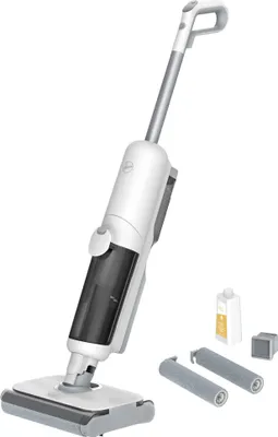 A white and gray Hoover vacuum cleaner and floor washer is shown against a white background. Accessories are placed to the right of the main product.