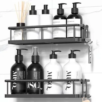 Produktbild von Duschablage Ohne Bohren, Rostfreie Duschregale für die Dusche, Große Kapazität Badezimmer Organizer und Aufbewahrung, Duschregal mit Abnehmbaren Haken, Ohne Bohren Badezimmer Zubehör Schwarz