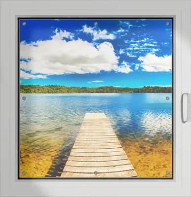 Produktbild von Wallario Lichtschutzbild, Dekorativer Sichtschutz Sonnenschutz 96 x 93 cm mit Motiv: Klarer See mit Steg - Blauer Himmel - Verdunklung ohne Bohren