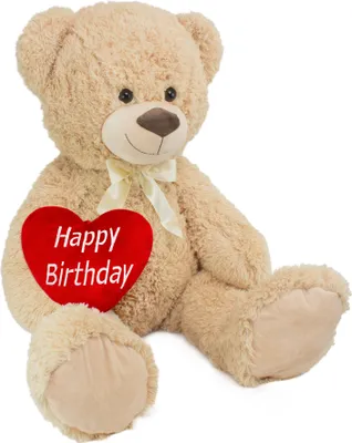 Productafbeelding van Brubaker XXL Knuffelbeer, 100 cm, met hartje met de tekst "Happy Birthday" en strik - Grote, beige knuffelbeer, pluche knuffel, knuffeldiertje