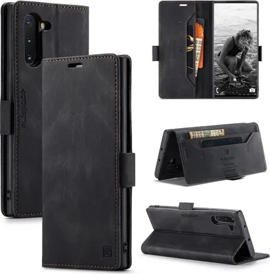 Produktbild von Galaxy Note 10 Brieftasche Hülle, Retro Kunstledertasche Stand Schutzhülle für Samsung Galaxy Note 10 Schwarz