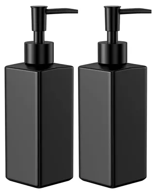 Produktbild von Schwarzer Seifenspender aus Glas für die Dusche, Spülmittelspender für die Küche, Flaschen für Shampoo, Duschgel und Spülmittel für den Spender, Badezimmer mit Etiketten, quadratischer Duschgelspender für 350 ml