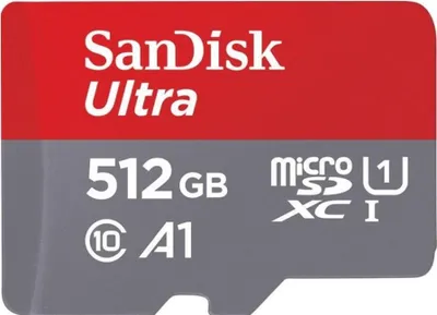 Produktbild von SANDISK Ultra microSDXC Speicherkarte, 512 GB, 150 MB/s, A1, inkl. SD Adapter, Modell SDSQUAC-512G-GN6MA, grau-rot, 15x10.9x1.02 mm, für Android-Smartphones, Tablets, Drohnen, Action-Kameras, Chromebooks, Windows Laptops, Full HD, SanDisk Memory Zone App