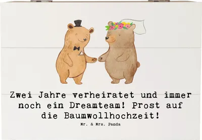 Produktbild von Mr. & Mrs. Panda Holzbox Spruch 2. Hochzeitstag Baumwollhochzeit 22 x 15 cm - Weiß - Geschenk, Liebesbeweis, Geschenke, Holztruhe, feiern, Box, fotobox, Kiste, Hochzeit