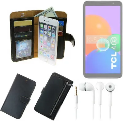Produktbild von TOP SET Handy Hülle Schutz Hülle kompatibel mit TCL 403  schwarz aus Kunstleder + Kopfhörer Smartphone Tasche vollwertige Geldbörse  K-S-Trade®