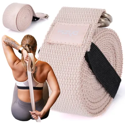 Obrázok produktu pre FIZYO Bavlnený Popruh na Jogu, Pilates, Fitness, Nastaviteľný s D-prackou, 100% Bavlna, Dĺžka 240 cm, na Naťahovanie a Držanie Pozícií (Béžový)