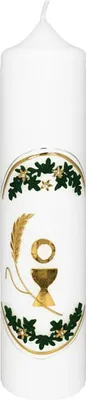 Produktbild von Kommunionskerze "Kelch gold mit grünen Myrthen" 265 x Ø 60 mm mit individueller Namensverzierung aus Wachsbuchstaben
