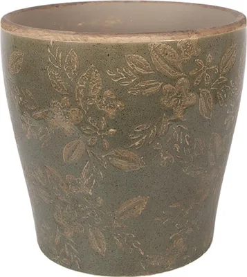 A single green ceramic pot with embossed floral patterns.