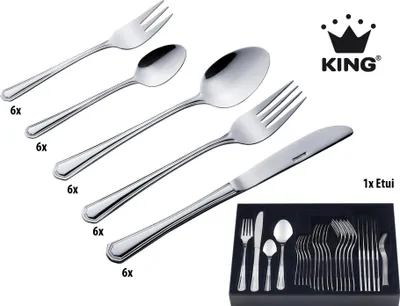 Produktbild von 31tlg. KING® Besteckset Düsseldorf im ETUI / Edelstahl 18/0 / Messerstahl / 6x Menülöffel, 6x Menügabel, 6x Menümesser, 6x Kaffeelöffel, 6x Kuchengabel, 1x Etui