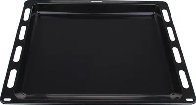 A black oven baking tray is shown from a slightly elevated angle against a white background.
