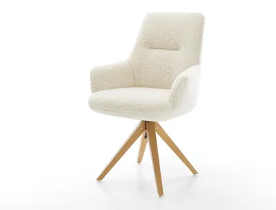 Produktbild von DELIFE Drehstuhl Zelia-Flex mit Armlehnen Teddystoff Beige Holzgestell kantig Natur 360° drehbar Taschenfederkern