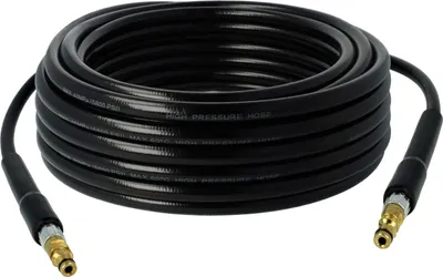 A coiled black high-pressure hose with brass fittings on both ends, presented on a white background.