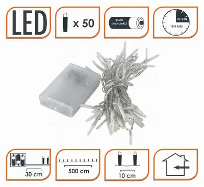 Zdjęcie produktu dla Lampki choinkowe z 50 diodami LED w kolorze białym zimnym - 500 cm - świąteczny łańcuch świetlny do dekoracji wnętrz