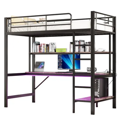Produktbild von Hochbett mit Regal, Schreibtisch und LED-Beleuchtung, 90x200 cm, Metallbett mit USB Anschlüssen und Steckdosen