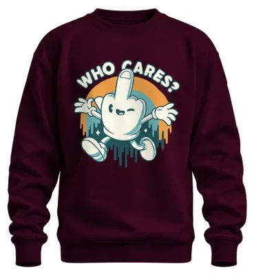 Productafbeelding van Wie geeft er om? Cartoon met middelvinger, brutaal, retro, vintage, jaren '90, skater stijl, uni sweatshirt, pullover, bordeauxrood, maat XL