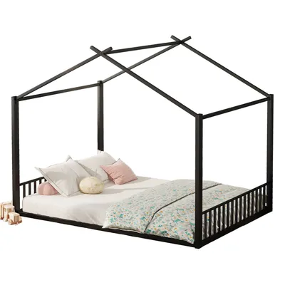 Produktbild von 140*200cm Flachbett(Schwarz)Eisenrahmenbett, Kinderbett, Hausleiste