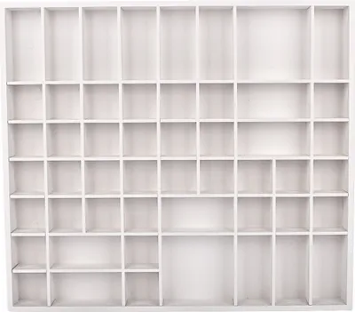 A white wooden storage box with many compartments.