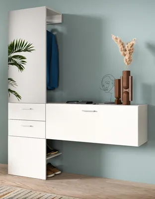 Produktbild von Garderobe Set 2-teilig "Carry" in weiß, Flurgarderobe mit Spiegel 156 x 190 cm