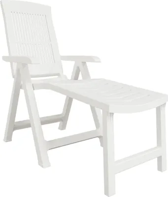 A white plastic sun lounger on a white background.