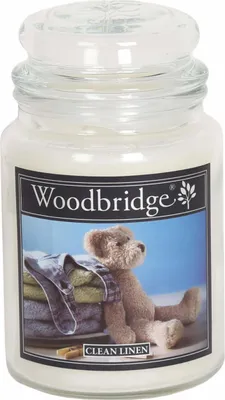 Zdjęcie produktu dla Świeca zapachowa Woodbridge Clean Linen, konwalia i drzewo sandałowe, świeca w szklanym słoiku, 565 g, 2 knoty, czas palenia 130 godzin, biała