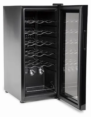 A black and silver wine cooler with its door open, showing multiple shelves for bottles.