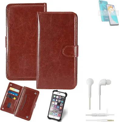 Produktbild von K-S-Trade 360° Hülle kompatibel mit Motorola Moto E22s inkl. Headphones braun Kunstleder Case BookCase WalletCase Kunstlederederhülle Handyhülle,