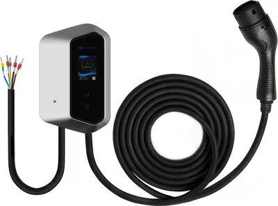 A wall-mounted electric vehicle charging station with a coiled cable and charging plug.