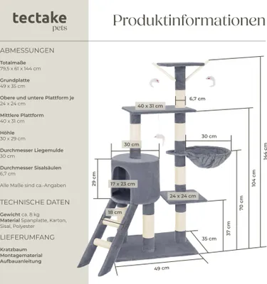 Produktbild von Kratzbaum Dominik 144 cm inklusive Treppe, 3 Spielmäusen und Kippschutz