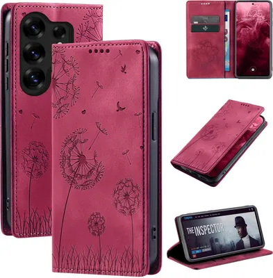 Collage of images showing a magenta phone case with a dandelion design, including the case open, closed, and a phone inside.