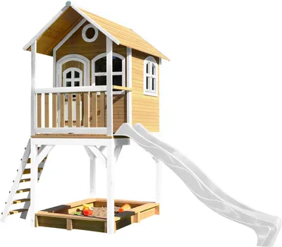Produktbild von AXI Spielhaus Sarah mit Sandkasten & weißer Rutsche | Stelzenhaus in Braun & Weiß aus Holz für Kinder | Spielturm mit Wellenrutsche für den Garten