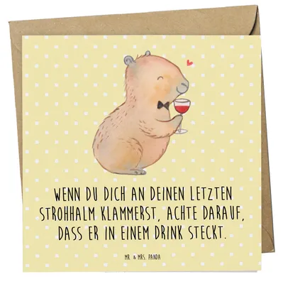 Produktbild von Mr. & Mrs. Panda Glückwunschkarte Capybara Wein - Gelb Pastell - Geschenk, für Weinkenner, Weinflasche, faltkarte, anlasskarte, Zeichnung, Grußkarte, Weinliebhaber
