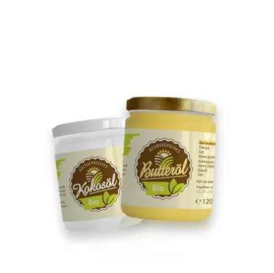 Produktbild von LaFiNa  Probierset Ghee -Butteröl 120g +  Kokosöl 120g | Kennenlernpaket 2x120g Glas | -10% Sparpaket | Ayurveda Butteröl + Natives Kokosfett