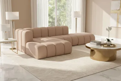 Image de Canapé d'angle en L avec pouf, Grand Mini, tissu Salvador, beige, gauche