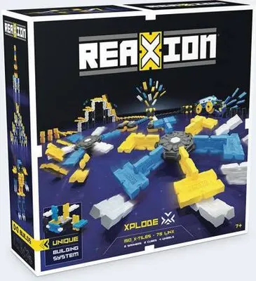 The image shows the packaging of a Reaxion Xplode Dominospiel construction toy set.