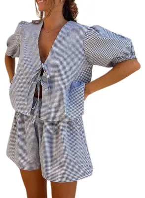 Produktbild von Damen 2-teiliges Outfit Sommer Co-ord Set mit Bluse und Shorts