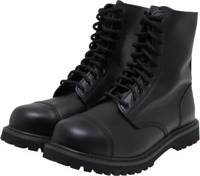 A pair of black lace-up boots on a white background.