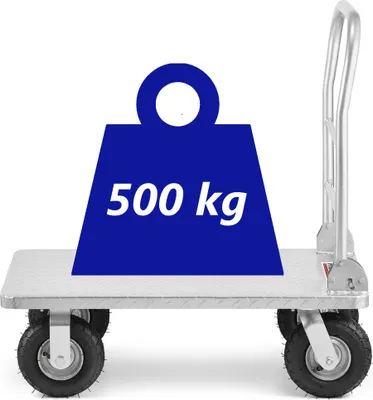Produktbild von Plattformwagen Transportwagen Mammut bis 500 kg luftbereift mit klappbarem Bügelgriff, Antirutschbeschichtung, Kantenschutz, Silber.