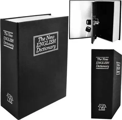A collage of images showing a black book safe designed to look like a dictionary, including a view of its open interior with keys.